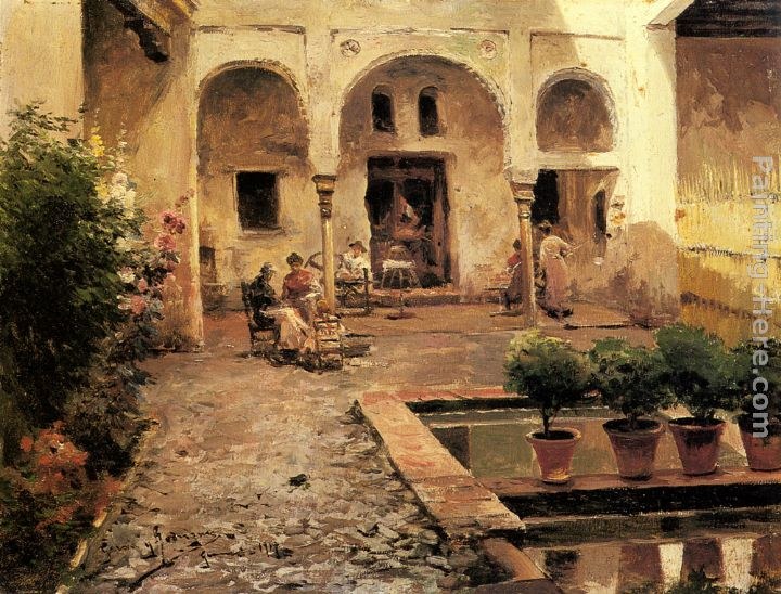 Manuel Garcia y Rodriguez Figures in a Spanish Courtyard